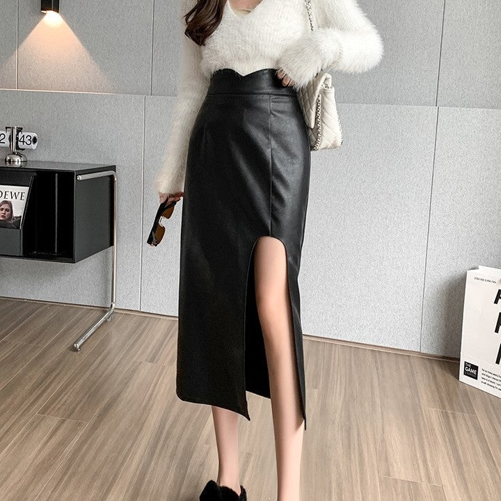 Midi Split PU Leather Skirt Women Autumn Winter Black Sexy Bodycon Fashion Party Ladies Pencil Skirts Ladies Pocket