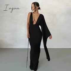 Ingvn - Fashion Draped Deep V Sexy Backless Maxi Dresses Party Club Women Elegant One Shoulder Gown Slip Dresses Ruched