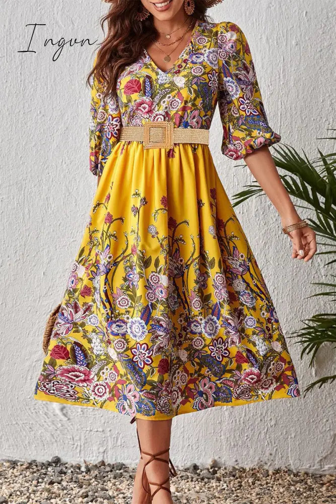 Ingvn - Elegant College Floral With Belt V Neck A Line Dresses(3 Colors)