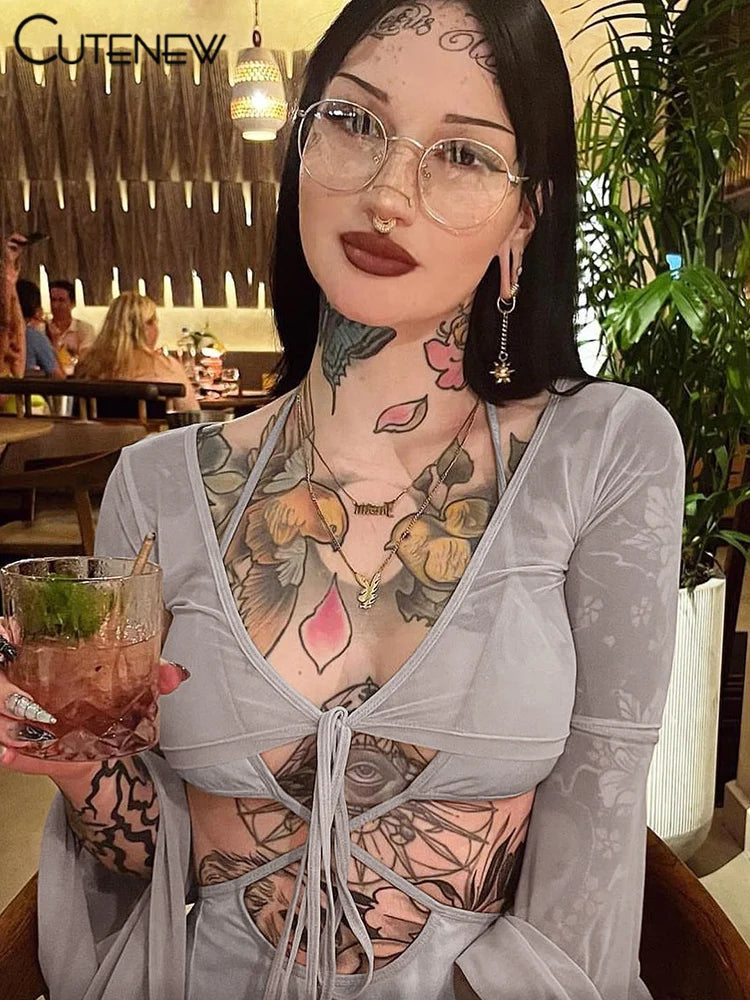 Women's Mesh Two Piece Set Sexy Long Sleeve Lace-up Outer Wear Top+Halter Skinny Hollow Out Lady Dress Suit New Outfit