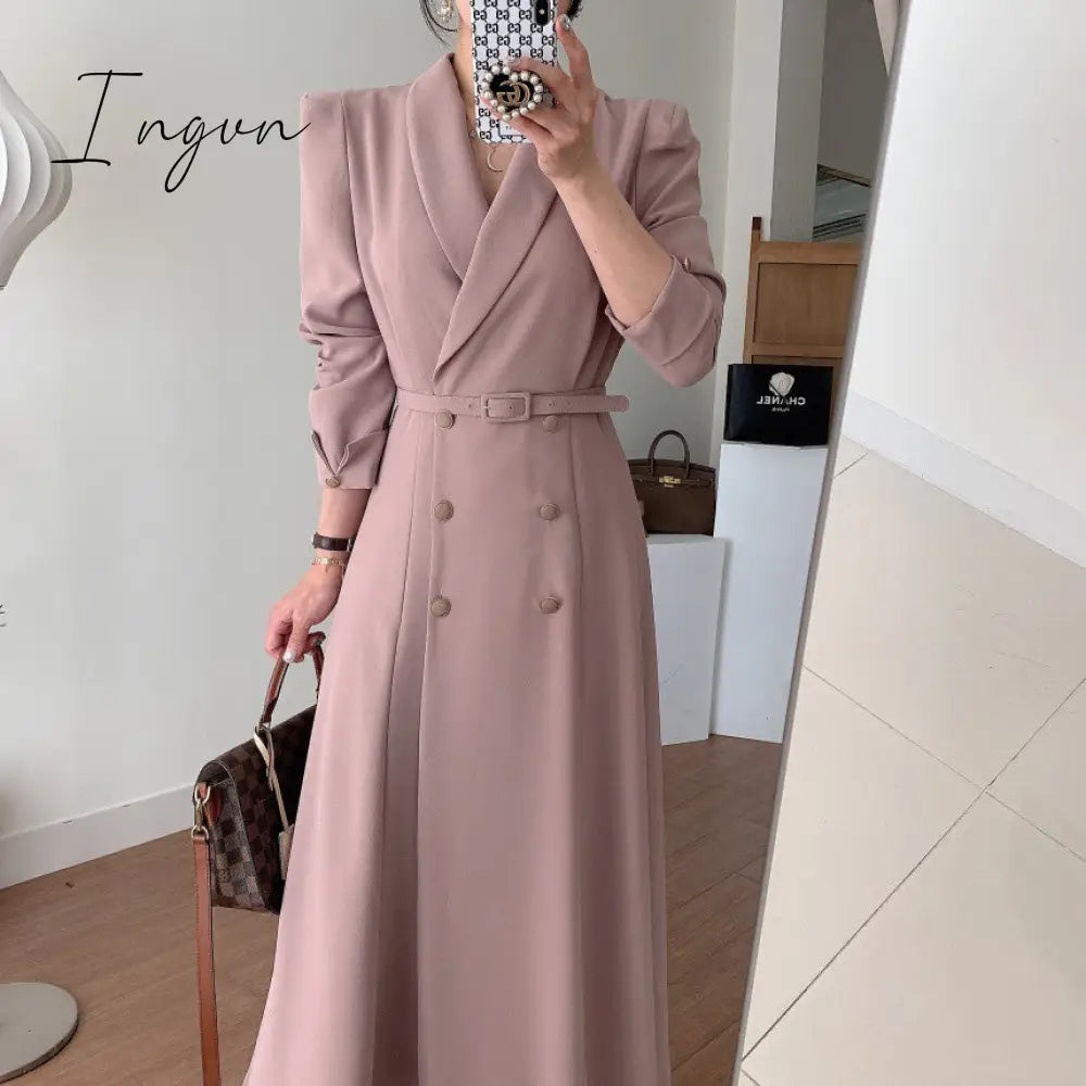 Ingvn - New French Spring Elegant Double Breasted Belted Sashes Women Suit Dress Autumn Office Long Sleeve Slim Waist Female Dress
