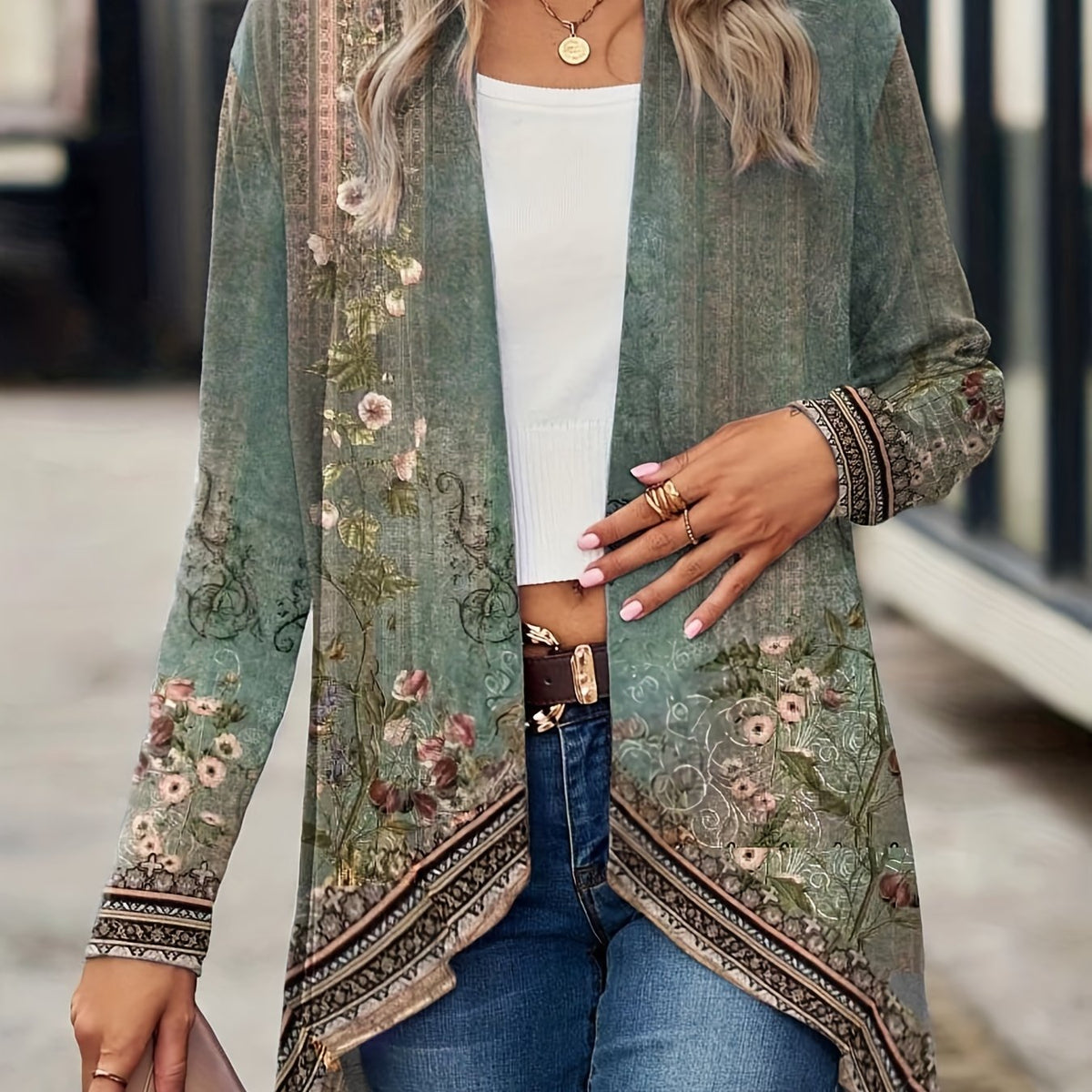 Floral Print Open Front Tunics, Casual Dipped Hem Long Sleeve Outwear For Spring & Fall, Women's Clothing