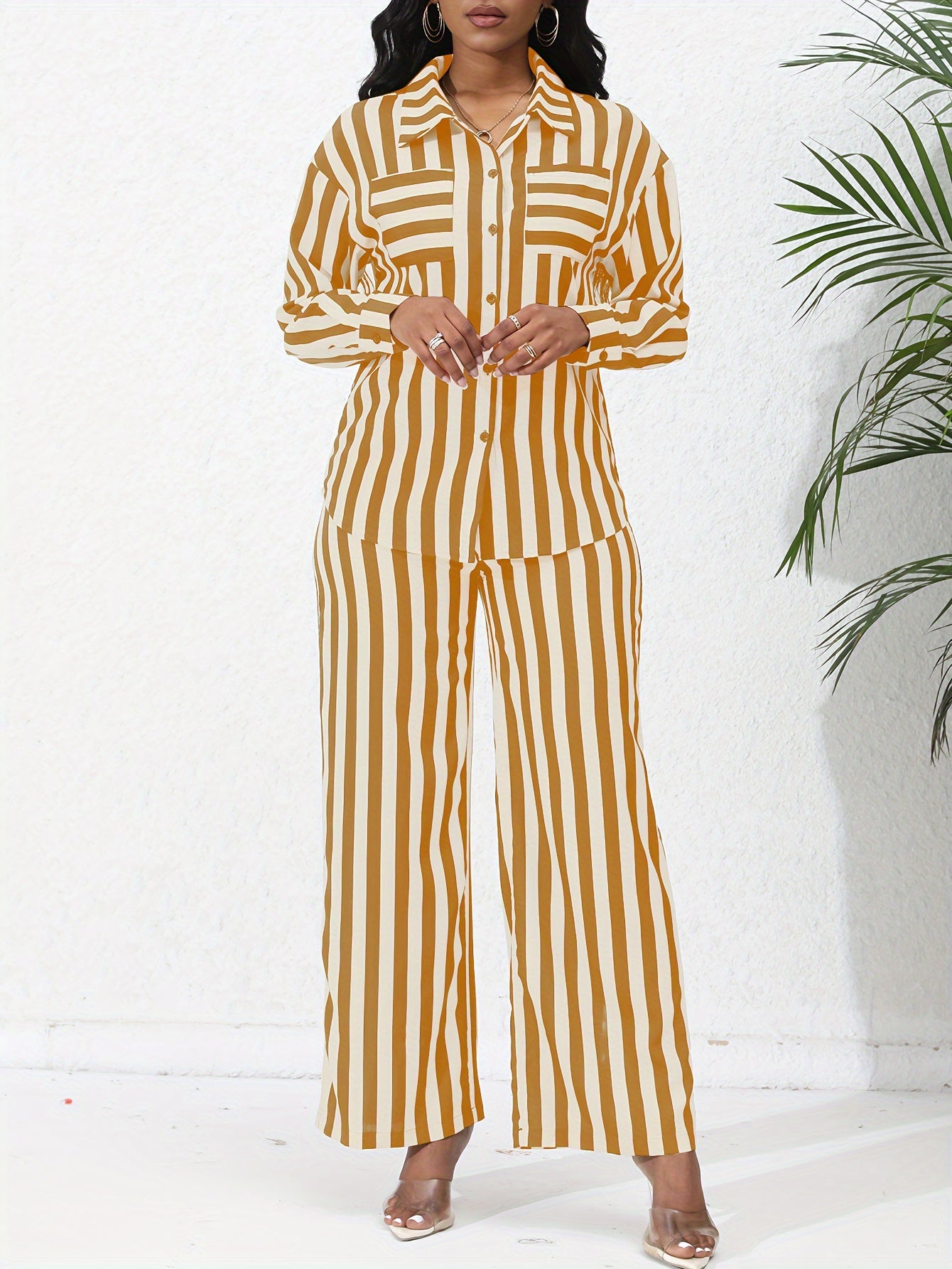 Chic Striped Print Two-Piece Outfit Set - Comfortable Button-Down Shirt & Flowy Wide Leg Pants - Casual Everyday Wear for Women