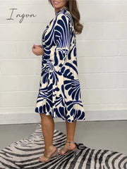 Ingvn - Women's Casual Dress Print Dress Spring Dress Floral Ruffle Button Split Neck Midi Dress Fashion Classic Outdoor Daily 3/4 Length Sleeve Regular Fit Black Blue Green Summer Spring S M L XL XXL