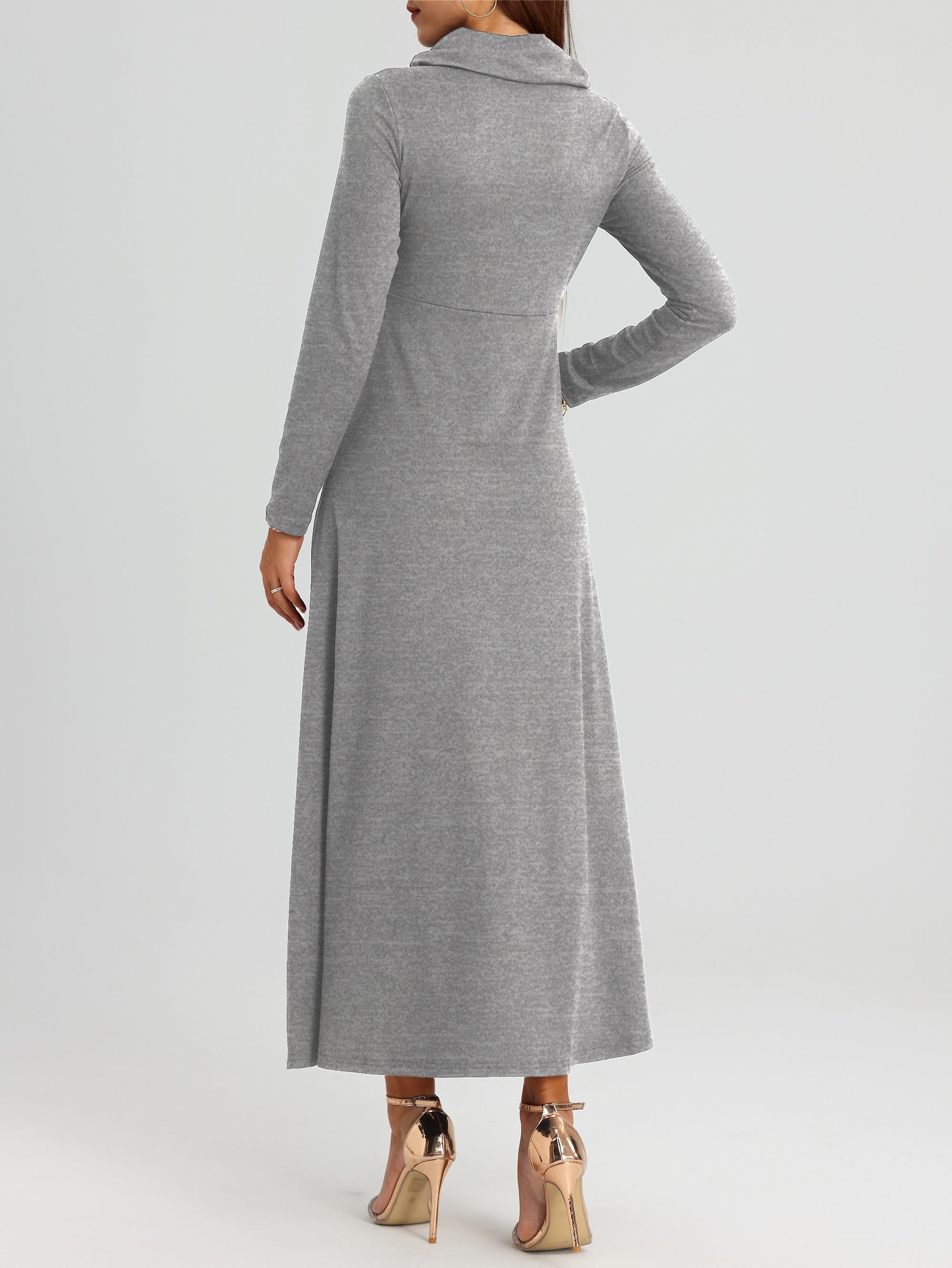 Elegant Long Sleeve Maxi Fit and Flare Dress with Pockets - Soft High Elasticity Polyester Fabric, Solid Color, Cowl Neck, Comfortable for All Seasons - Womens Everyday Wear