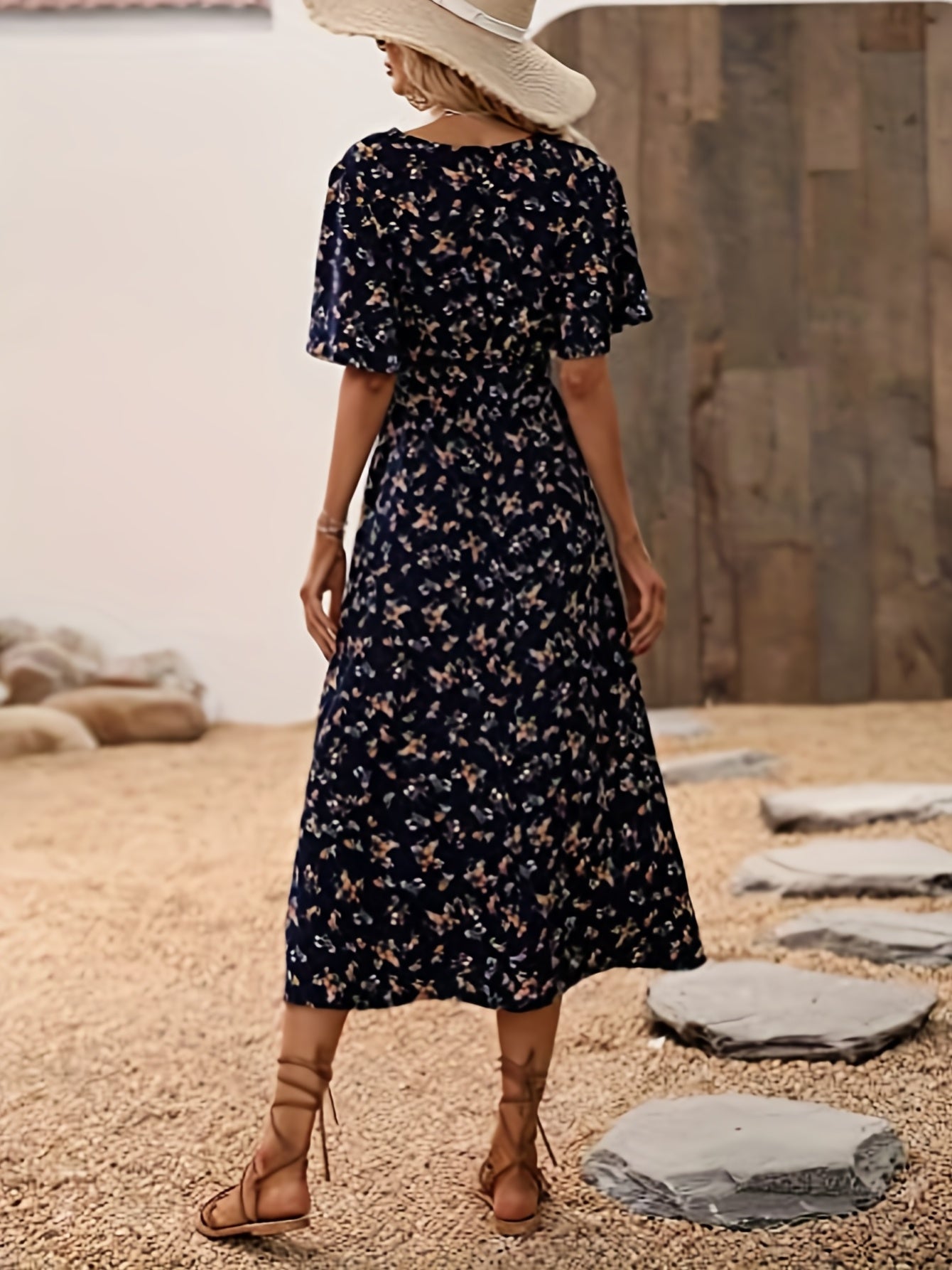 Floral Print Flutter Sleeve Dress, Boho V Neck Slim Waist Dress, Women's Clothing