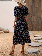 Floral Print Flutter Sleeve Dress, Boho V Neck Slim Waist Dress, Women's Clothing