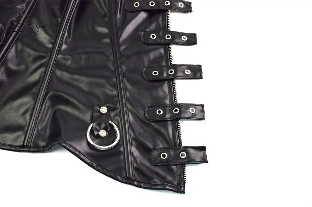 Ingvn - Faux Leather Corset Top Shoulder Strap Corselet Black Zipper Buckled Bustier Waist Trainer Vest Corset Overbust Women Steampunk