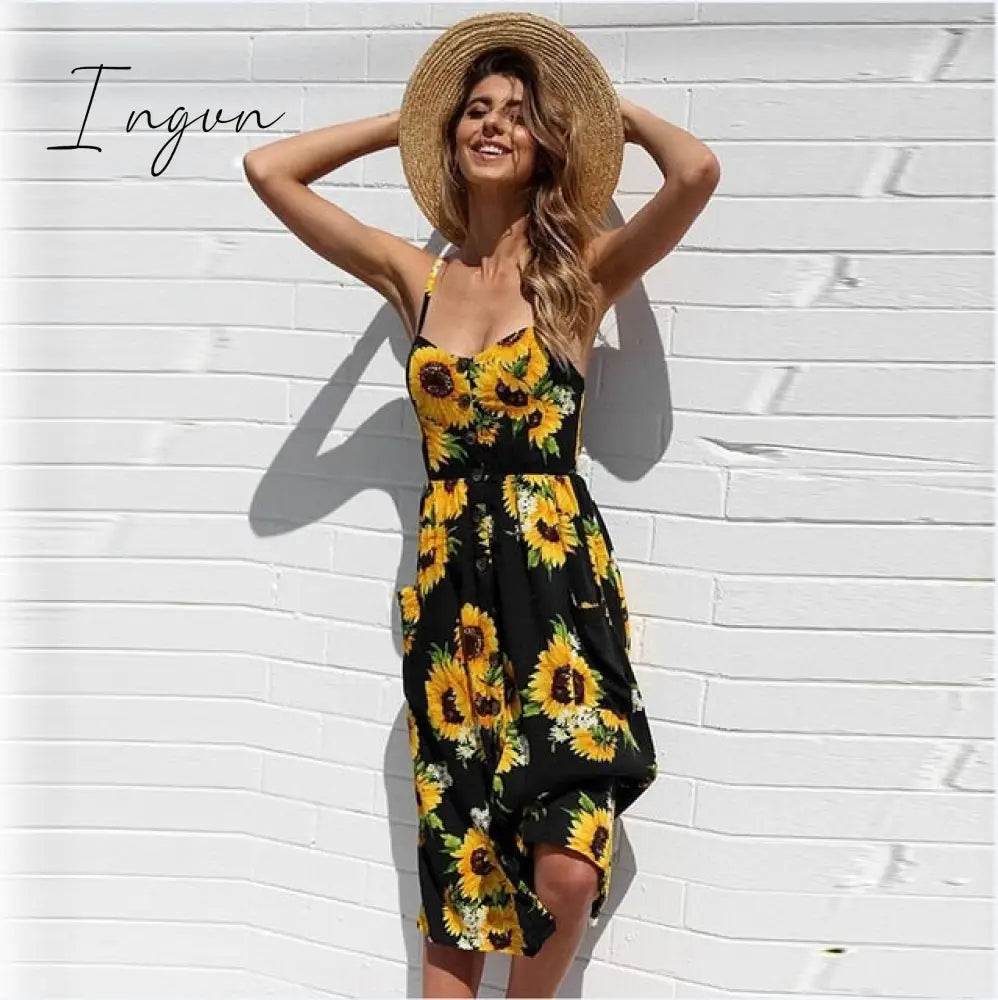 Ingvn - Vintage Casual Sundress Female Beach Dress Midi Button Backless Polka Dot Striped Women Dress Summer Boho Sexy Floral Dress