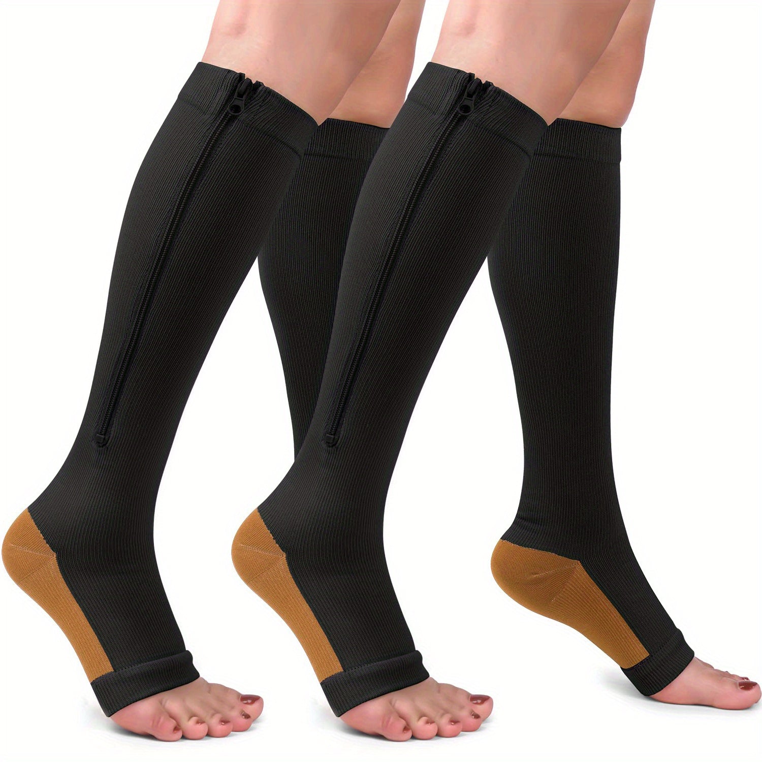 2 Pairs Compression Socks For Running, And Athletics - Open Toe, Zipper Closure, Thermal