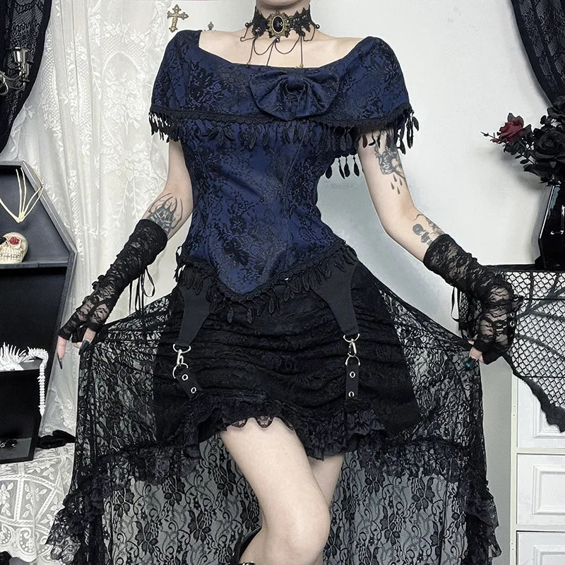 Y2K Black Floral Lace Mesh A-Line Long Skirts Goth Vintage Aesthetic Cocktail Party Skirt Women New Fashion Streetwear
