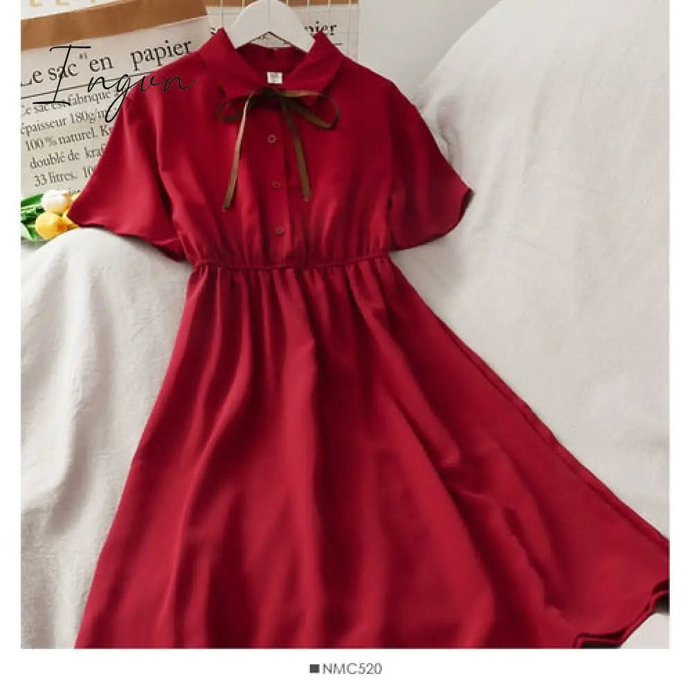 Ingvn - Dress Women Chiffon Bow Solid High Waist Turn-down Collar Preppy Style Kawaii Ulzzang Popular Temperament Girls Summer Holiday
