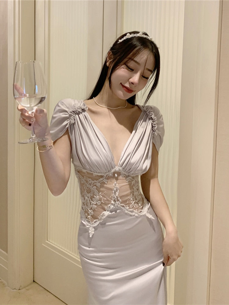 New Dresses High Waist Elegant Lady Vintage Chic Sexy Lace Petal Sleeve Women Summer Fashion Long Evening Dress