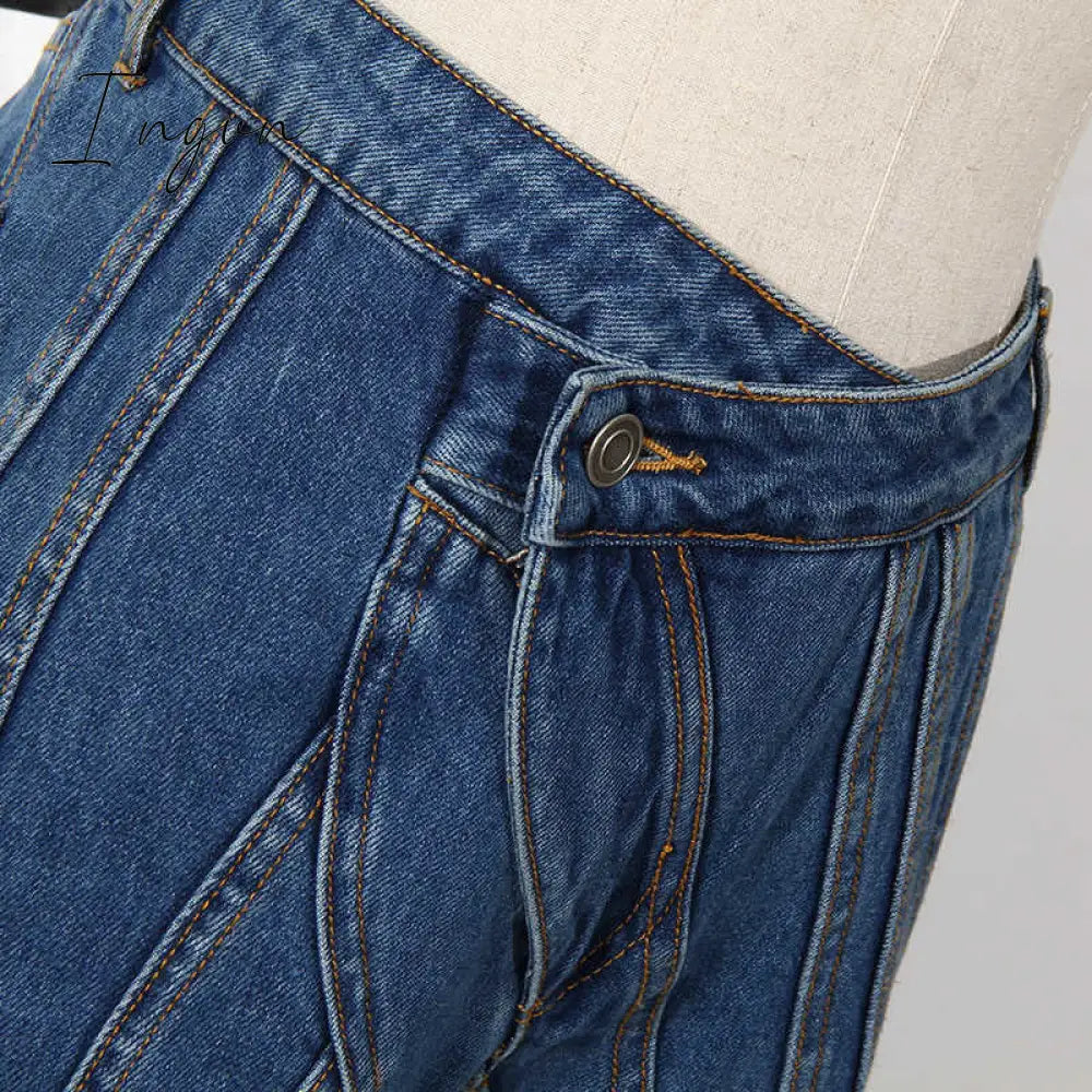 Ingvn - Asymmetrical Spliced Oblique Waist Placket Trousers New Loose Fit Pants Women Fashion Tide Spring Autumn