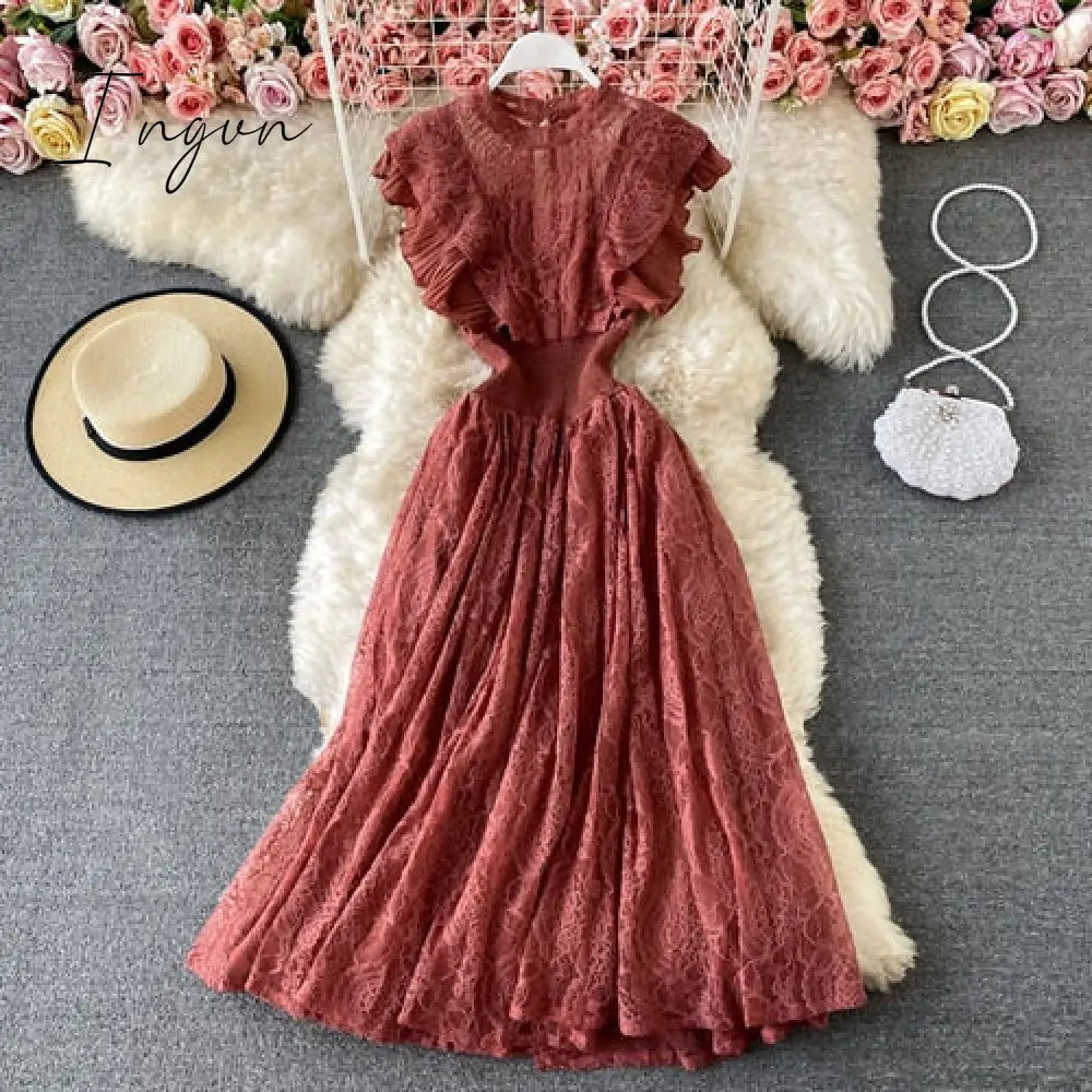 Ingvn - Vintage Purple/Green/Red Lace Midi Dress Women Sweet Round Neck Ruffle Vestidos Female High Waist Slim Robe Spring Autumn