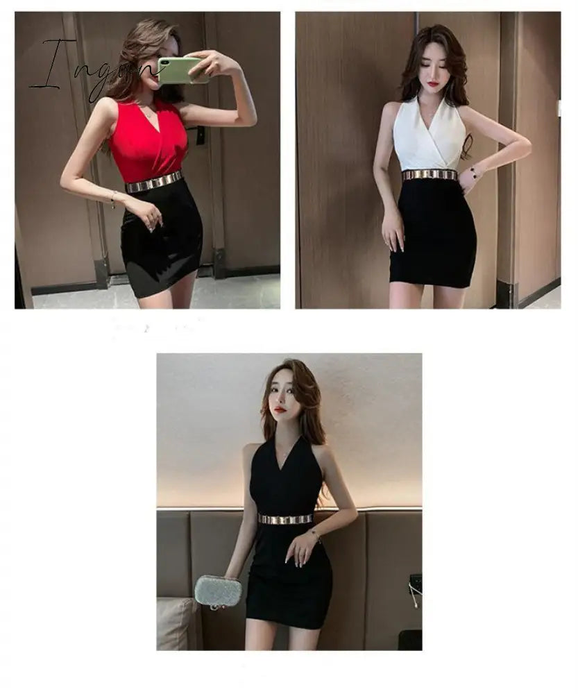 Ingvn - Summer New Women's Fashion Sexy V-Neck Design Tight Sleeveless Short Dress Elegant Slim Office Ladies Contrast Color A-line