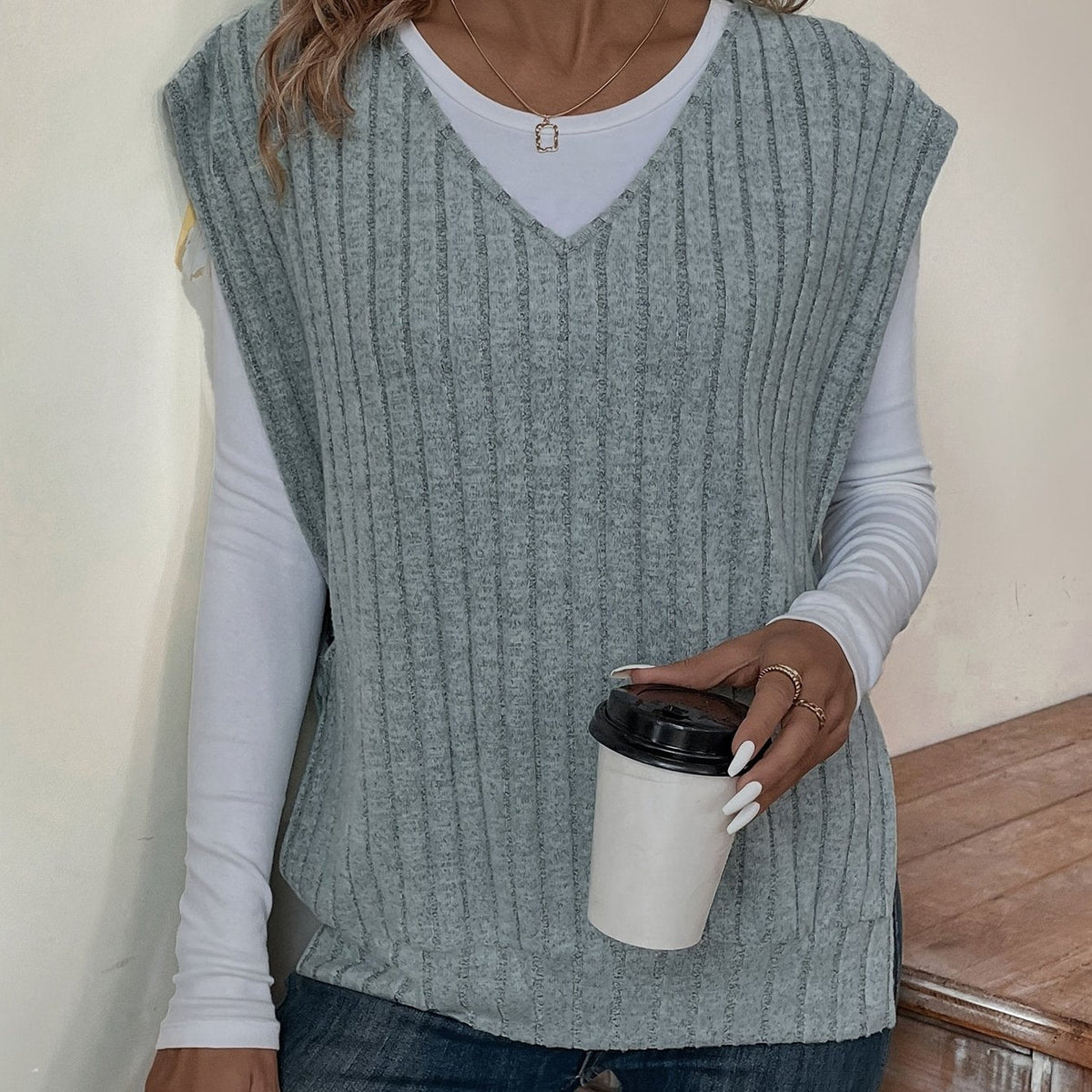 Solid V Neck Rib Knit Vest, Casual Split Side Sleeveless Loose Sweater Vest, Women's Clothing