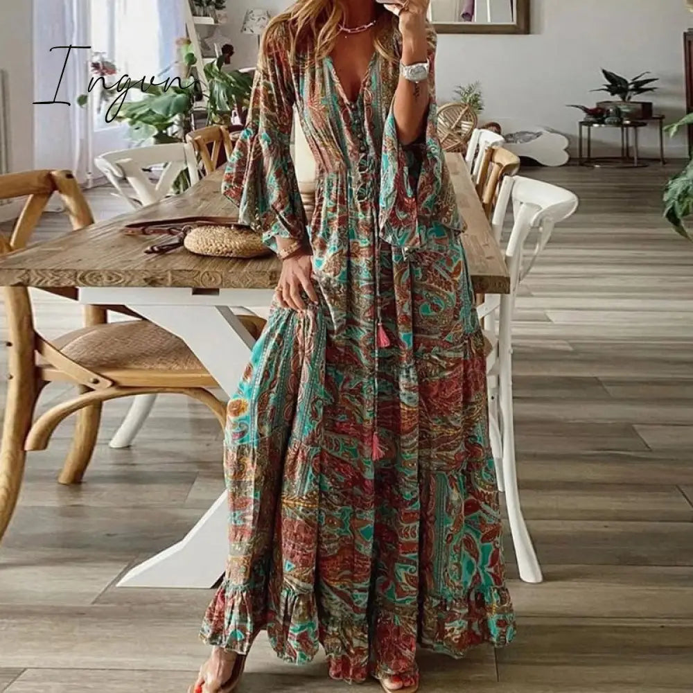 Ingvn - Women Chic Retro Floral Print Boho Dress Spring 3/4 Flare Sleeve Ruffle Maxi Dress Summer V Neck Button Beach Holiday Dress
