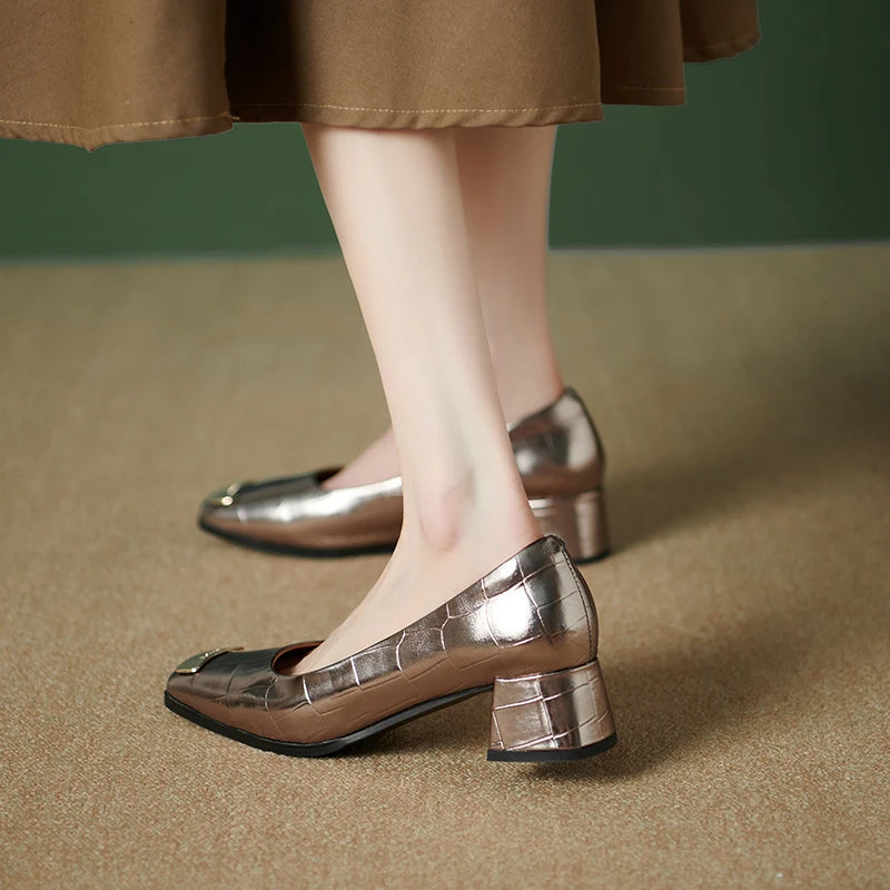 Chunky Heels Women's Casual Pumps Shoes Square Heels Women's Wedding Party Heels 35-40 Gold Solid Slip-On Women Heels Shoes