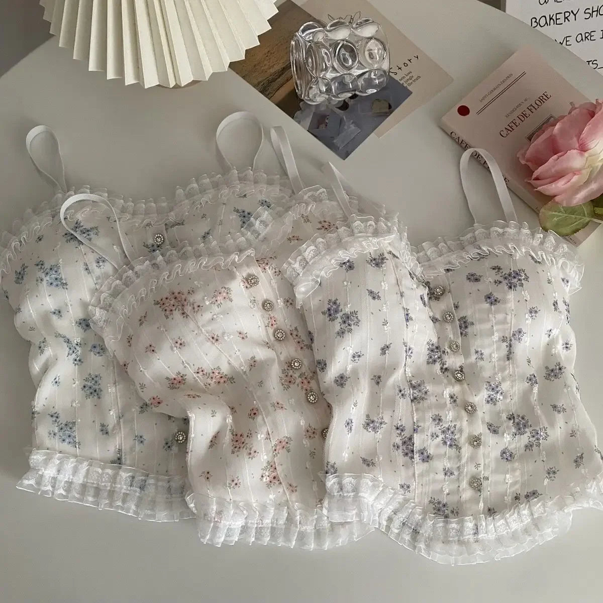 Y2k Tops French Floral Wood Ear-hem Camisole Women's Outer Wear with Breathable Lace Back-beautiful Underwear for Summer