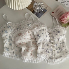Y2k Tops French Floral Wood Ear-hem Camisole Women's Outer Wear with Breathable Lace Back-beautiful Underwear for Summer