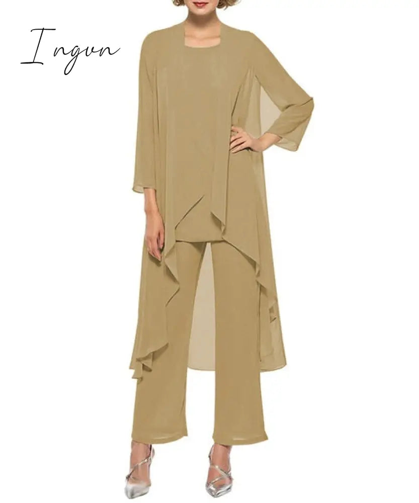 Ingvn - Mother of the Bride Dresses Plus Size Dress Blazer Champagne Chiffon Pantsuit 3 Pieces Wedding Party Guest Gown Dress