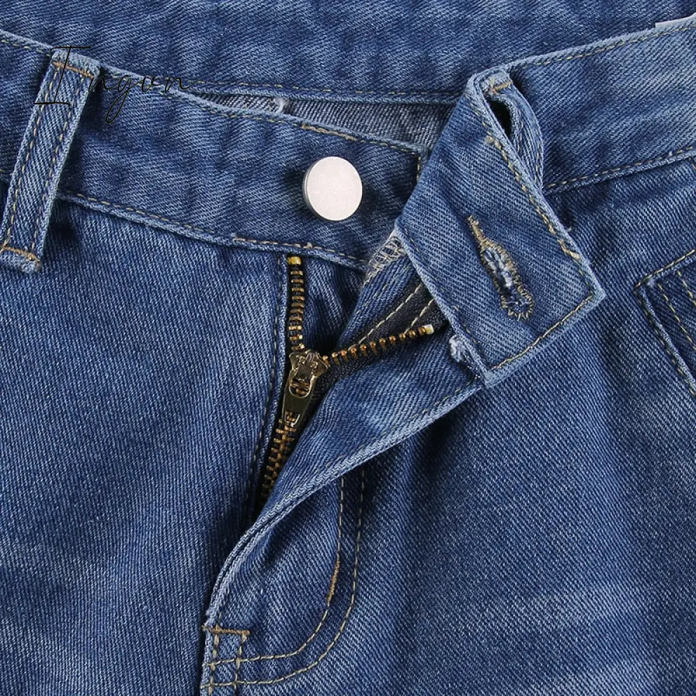Ingvn - Spring Y2K European and American street simple printing low-waist button jeans women casual loose and thin wide-leg straight-leg pants