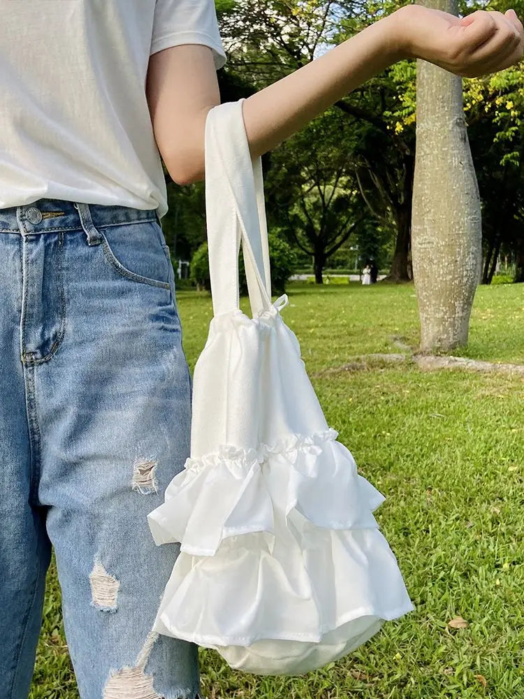 INGVN  Korean Sweet Y2k Aesthetic Women Handbags Fairy Solid Ruffles Pleated Underarm Bag Fashion Elegant Chic Shoulder Bags All Match