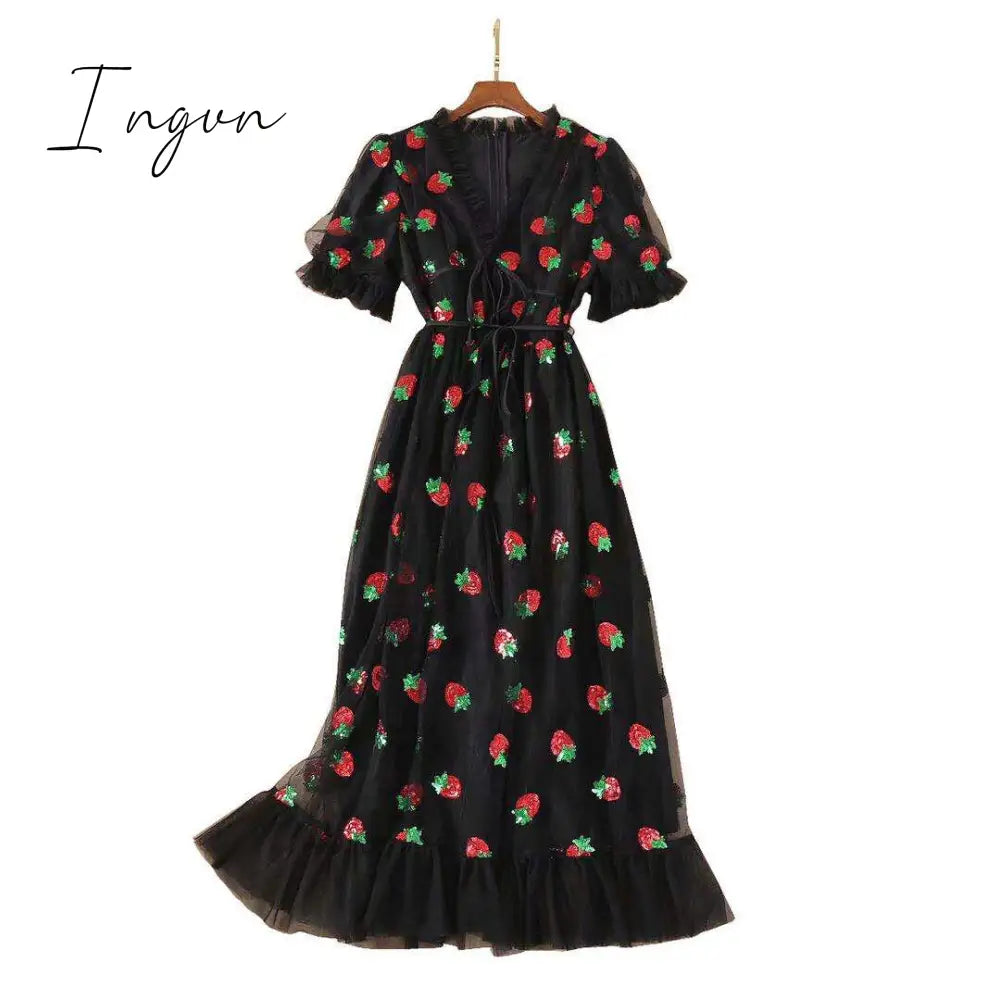 Ingvn - Strawberry Dress Women Fashion Deep V Puff Sleeve Sweet Voile Mesh Sequins Embroidery French Party Dresses 4XL 5XL