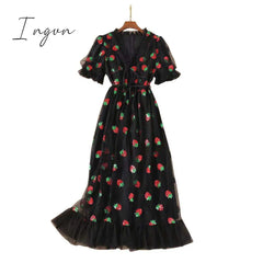 Ingvn - Strawberry Dress Women Fashion Deep V Puff Sleeve Sweet Voile Mesh Sequins Embroidery French Party Dresses 4XL 5XL