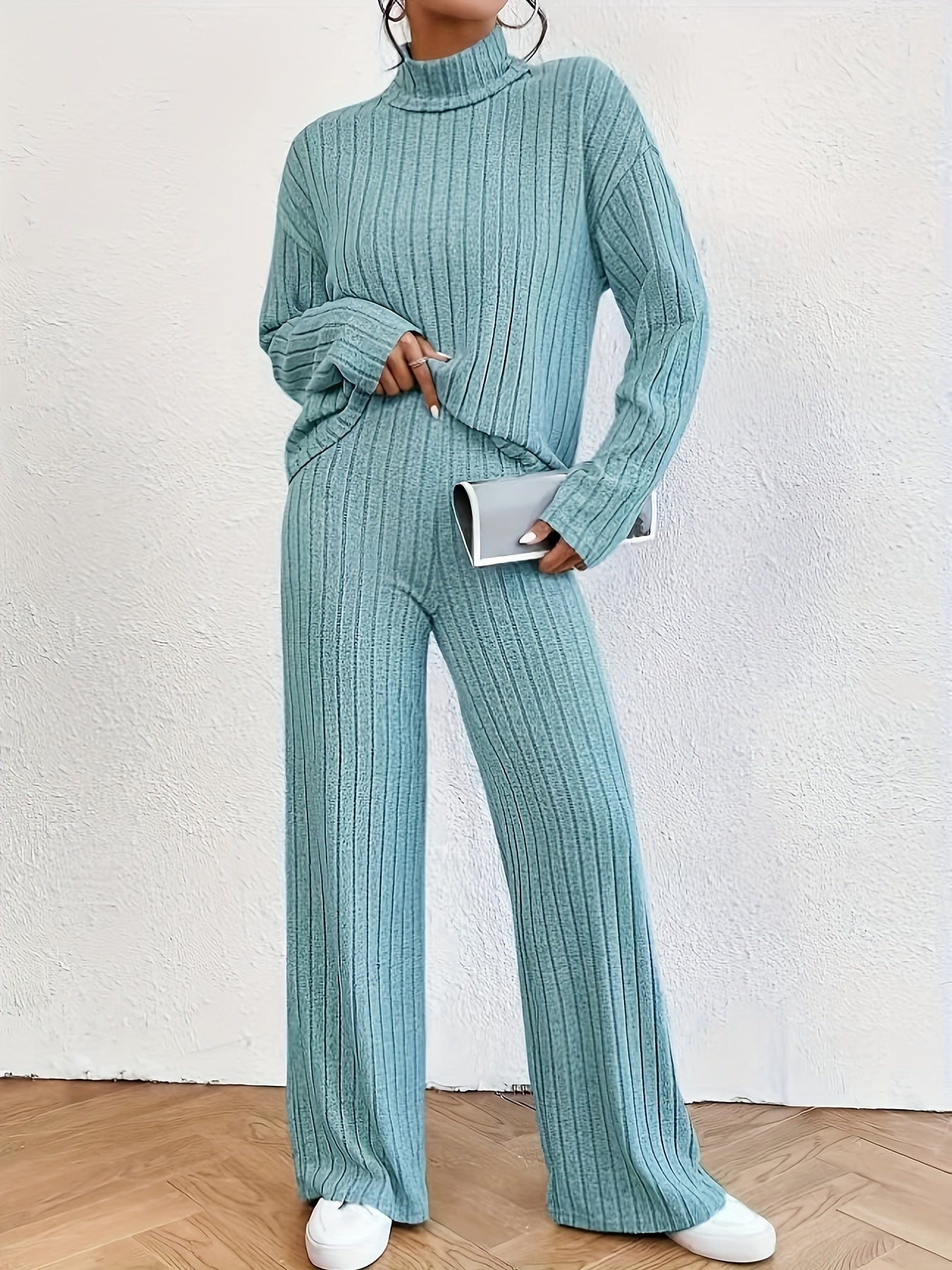 Solid Ribbed Two-piece Set, Casual Mock Neck T-shirt & Wide Leg Pants Outfits, Women's Clothing