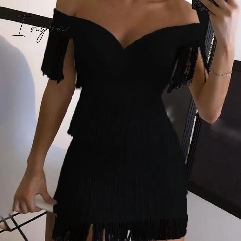 Ingvn - Sexy Sleeveless Bodycon Mini Dress Women White Off Shoulder Tassel Female Short Dresses Summer Party Club Bandage Vestidos