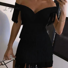 Ingvn - Sexy Sleeveless Bodycon Mini Dress Women White Off Shoulder Tassel Female Short Dresses Summer Party Club Bandage Vestidos