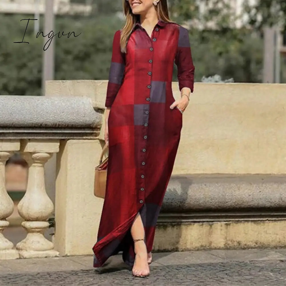 Ingvn - Fall Outfits Autumn Vintage Floral Printed Cotton Dress Women Casual Lapel Collar Button Up Dresses Bohemian Vestidos Long Robe