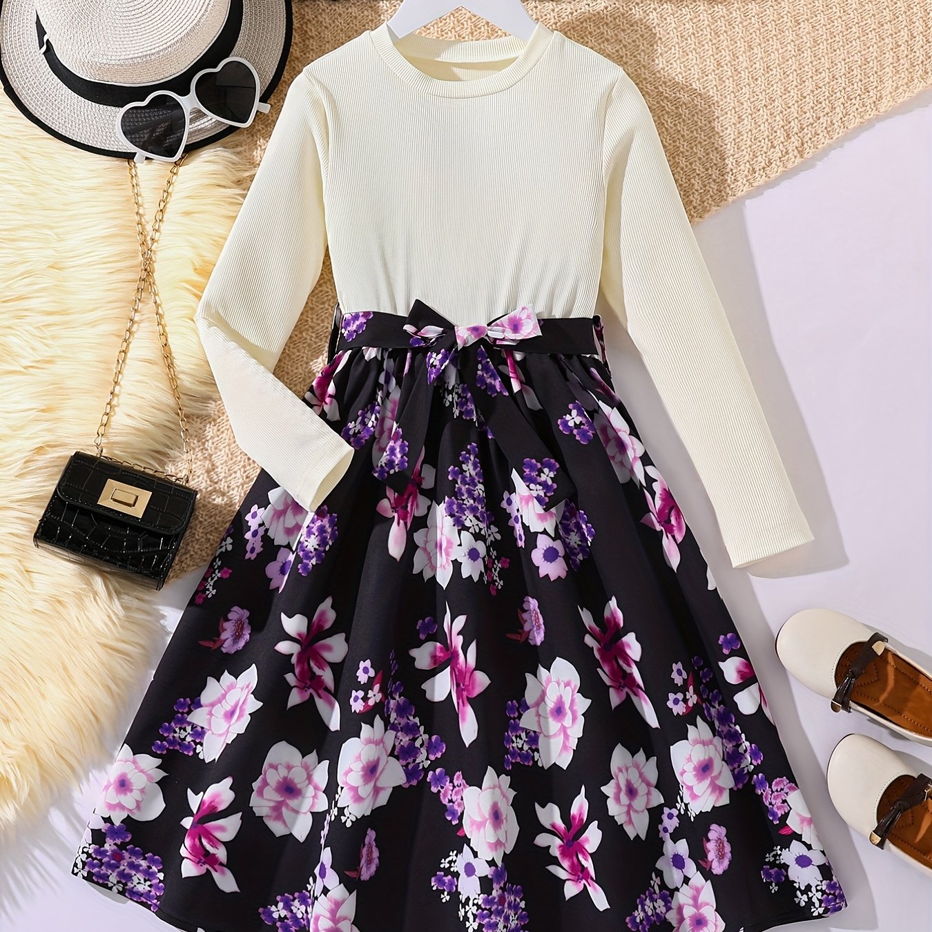 Adorable Floral Belted Dress for Girls - Long Sleeves, Round Neck, Splicing Design, Party-Perfect, Spring Collection, Kids' Clothing