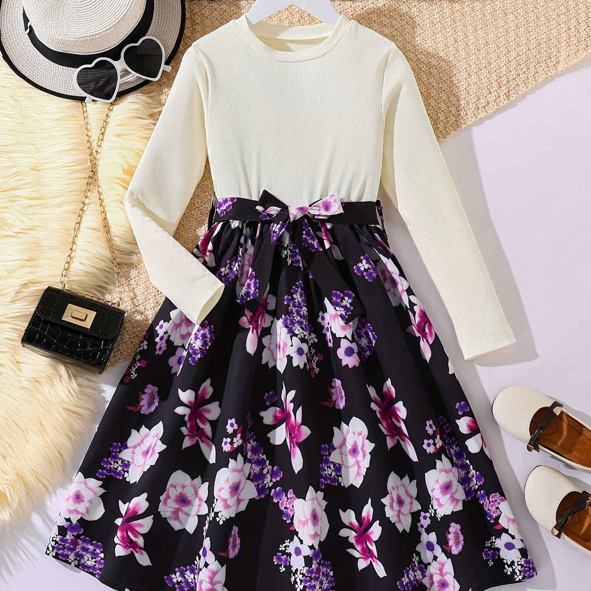 Adorable Floral Belted Dress for Girls - Long Sleeves, Round Neck, Splicing Design, Party-Perfect, Spring Collection, Kids' Clothing
