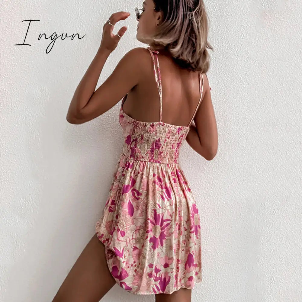 Ingvn - Foridol Casual Floral Boho Elegant French Dress Women Pink Flower Print Bohemian Beach Style Summer Mini Dress