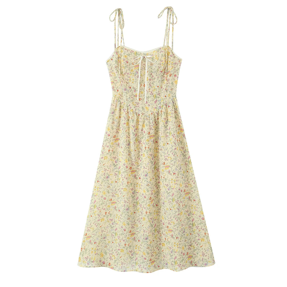 French Retro Floral Print Bow Sexy Spaghetti Straps Dress Women Elegant A-line Midi Casual Summer Dresses Holiday Robe
