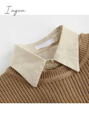 Ingvn - Spring Autumn Fashion Women Two Pieces Sets Long Sleeve Short Blouse Shirt + Solid Knitted Pullover Crop Shawl Sweater Female Tops