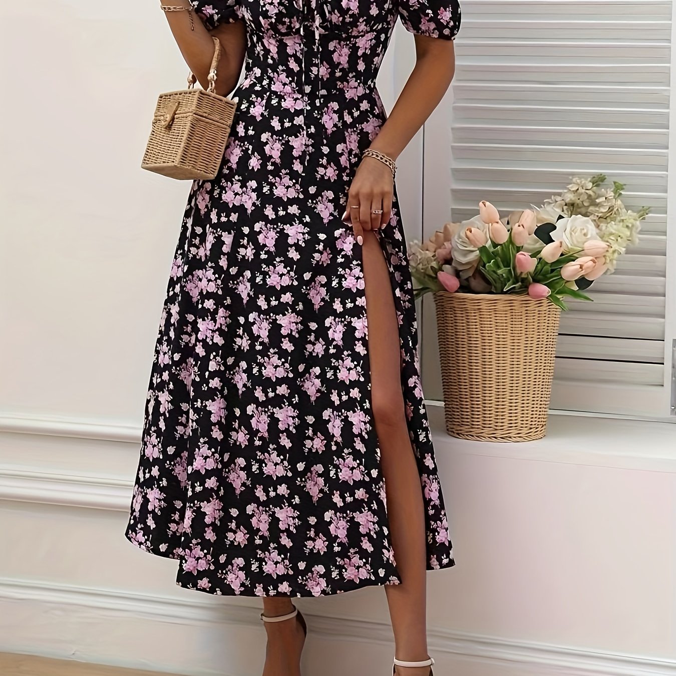Elegant Floral Puff Sleeve Dress - Lightweight, Split Hem A-line for Spring & Summer Occasions