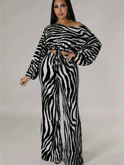 Long Sleeve Cut Out Crop Top & Wide Leg High Waist Pants Set, Zebra Pattern Elegant Outfits, Women's Clothing