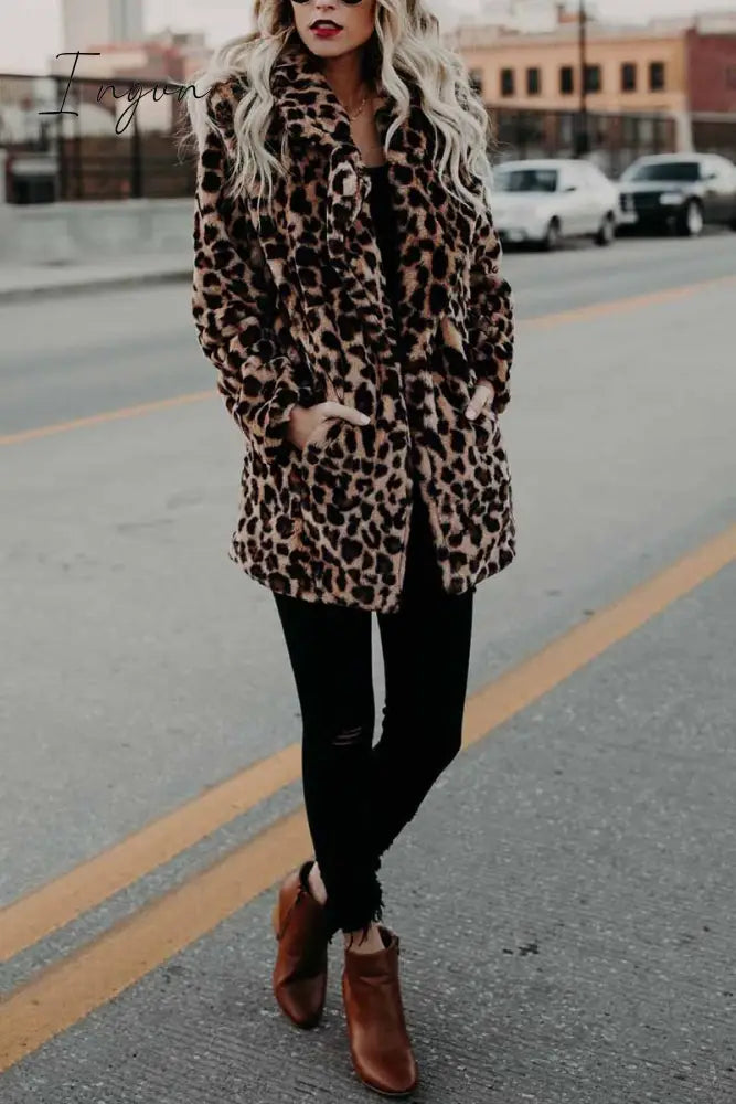 Ingvn - Women's Lapel Leopard Coat