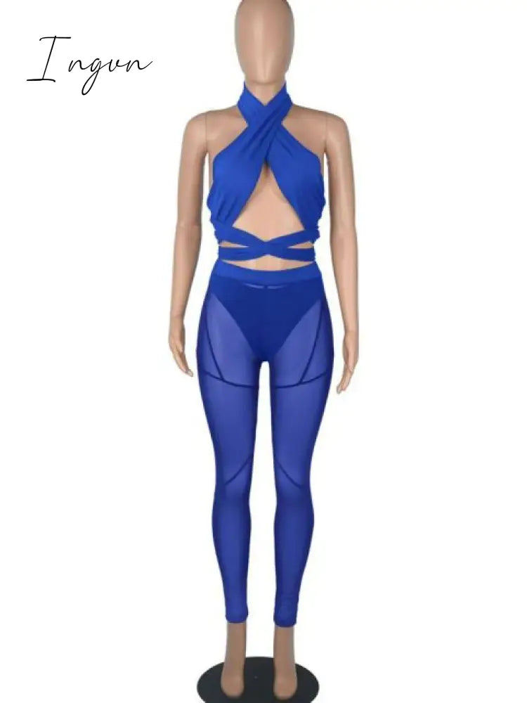 Ingvn - Sexy Mesh Sheer Spliced Two Piece Set Tracksuit Women Bodysuit Pants Summer Clothes Vacation Club Outfits Matching Sets