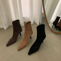Women's Ankle Boots Pointed Toe New Autumn Women's Thin High Heels Women's Suede Solid Short Botines Chelsea Botte Femme