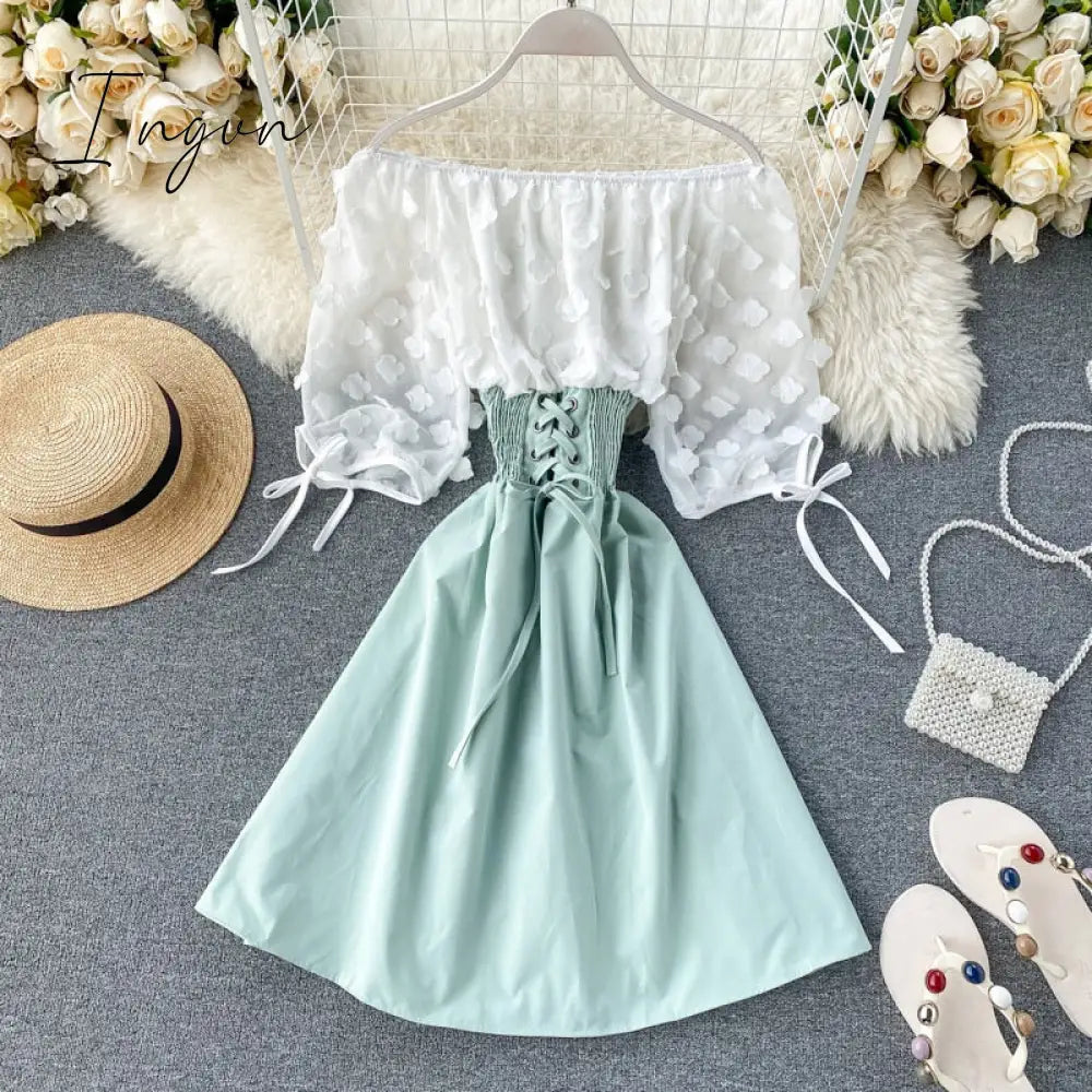 Ingvn - New Fashion Sexy Off Shoulder patchwork Summer Short Dress Party flower chiffon Slim waist lace up Women casual A-Line beach dress