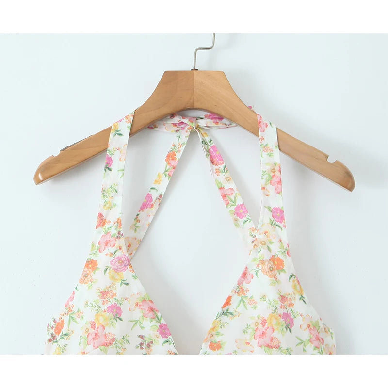 Sexy Backless Floral Print Halter Dress For Women Sleeveless Low Waist Holiday Summer Short Dress Party Robe