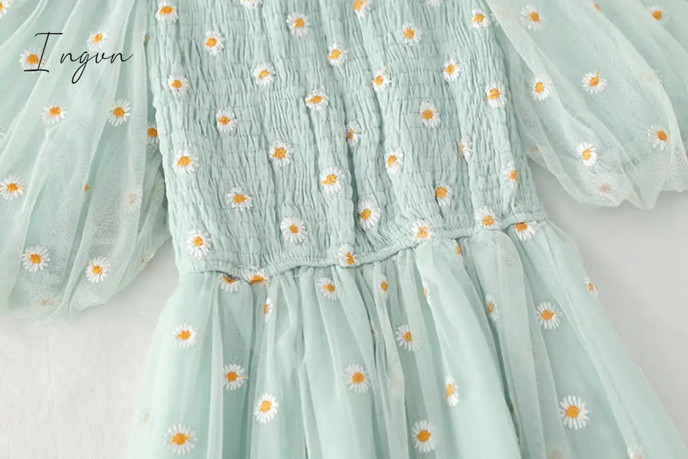Ingvn - small daisies embroidery mesh dresses women sexy off the shoulder french vintage party ruffle dresses elegant vestidos