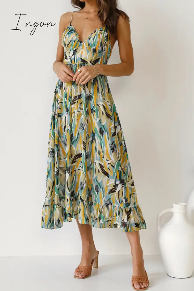 Ingvn - Fashion Print Patchwork Spaghetti Strap Cake Skirt Dresses