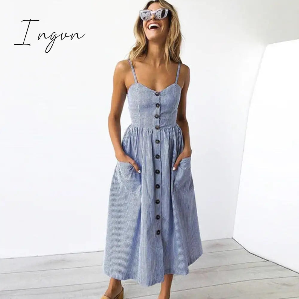 Ingvn - Boho Sexy Floral Dress Summer Vintage Casual Sundress Female Beach Dress Midi Button Backless Polka Dot Striped Women Dress