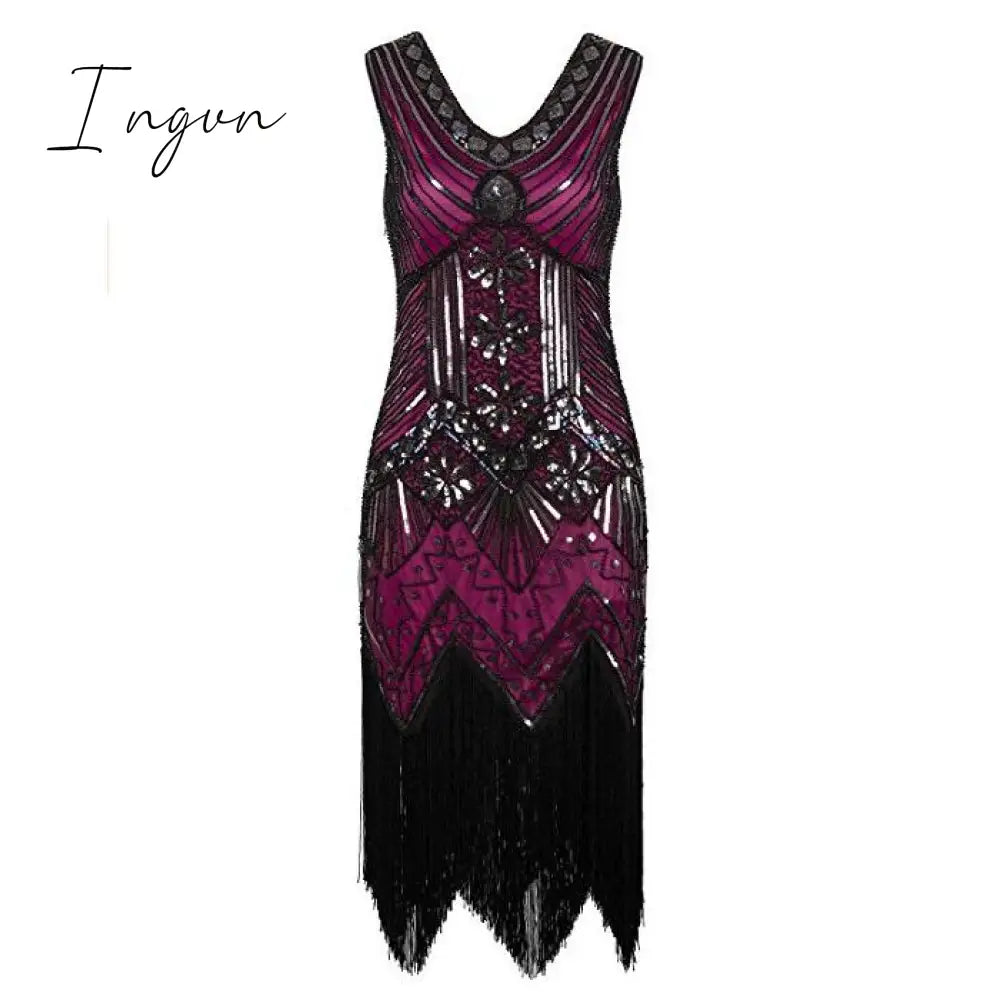 Ingvn - 1920s Vintage Flapper Great Gatsby Party Dress V-Neck Sleeveless Sequin Beaded style Style Tassel Flapper Vestidos Feminina 1920